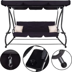 Banc De Balançoire Springos | Luna-Balançoire | 3 Places | Imperméable à L'eau | Comprend 2 Coussins | Auvent Réglable | 162 X 200 X 120 Cm | Noir -Jardin Meubles Magasin 1194x1200 2