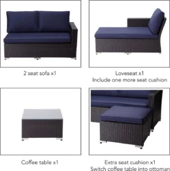 Teamson Home Mobilier De Jardin D'extérieur, Ensemble De 3 Canapés Sectionnels En Osier De Rotin Avec Canapé 2 Places, Chaise Longue, Table Et Coussins, Marron/ Blauw -Jardin Meubles Magasin 1194x1200 5