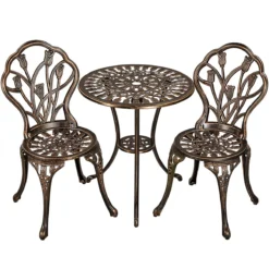 Furnibellaa - Ensemble De Bistrot 3 Pièces, Groupe De Sièges, Ensemble De Balcon, Fonte D'aluminium, Table De Jardin Avec 2 Chaises, Salon De Jardin, Mobilier De Jardin Pour Jardin Et Balcon, Bronze