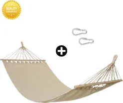 Hamac De Luxe Qualix Avec Barre D'écartement - Beige - 100% Katoen - Confortable - Comprend 2 Mousquetons - Sans Support - Avec Matériel De Fixation - 100 X 200 Cm 7 Hamac De Luxe Qualix Avec Barre D'écartement - Beige - 100% Katoen - Confortable - Comprend 2 Mousquetons - Sans Support - Avec Matériel De Fixation - 100 X 200 Cm -Jardin Meubles Magasin 1200x1004