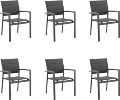 NATERIAL - Set De 6 Chaises De Jardin SAN DIEGO Avec Accoudoirs - 6 X Chaises De Jardin - Empilables - Aluminium - Textilène - Gris Foncé - Eucalyptus - Chaises De Terrasse - Chaises De Salle à Manger