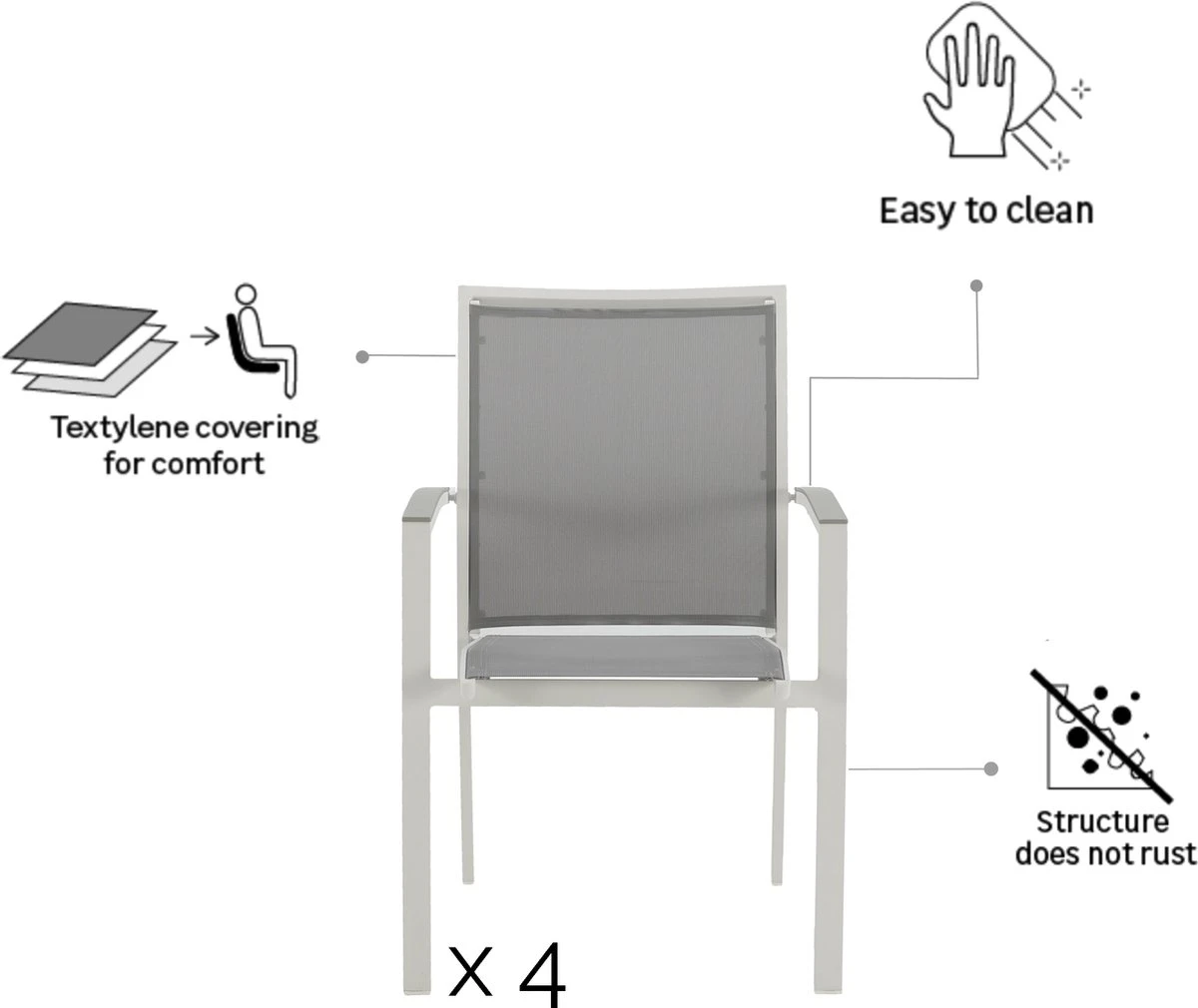 NATERIAL - Set De 4 Chaises De Jardin LAS VEGAS Avec Accoudoirs - 4 Chaises De Jardin - Empilables - Chaises De Terrasse - Chaises De Salle à Manger - Aluminium - Textilène - Grijs - Wit 2 NATERIAL - Set De 4 Chaises De Jardin LAS VEGAS Avec Accoudoirs - 4 Chaises De Jardin - Empilables - Chaises De Terrasse - Chaises De Salle à Manger - Aluminium - Textilène - Grijs - Wit – Image 2