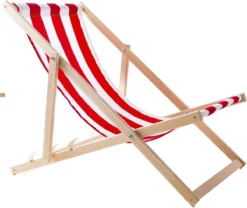 WOODOK - Chaise Longue En Bois De Hêtre De Haute Qualité Avec Trois Positions De Dossier Réglables / Lit De Plage - Rouge Avec Blanc