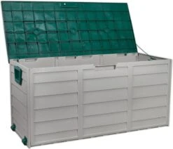 Boîte De Rangement Mobile Teien Jardin 245 Litres - Boîte De Jardin / Boîte De Rangement / Armoire De Jardin / Boîte à Coussins De Jardin - 112x54x50 Cm - Vert Et Blanc