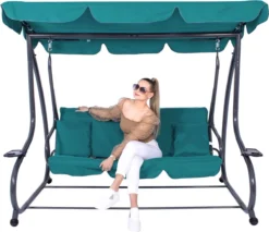 Banc De Balançoire Springos | Venise-Swing | 3 Places | Imperméable à L'eau | Comprend 2 Coussins | Auvent Réglable | 163 X 193 X 120 Cm | Turquoise -Jardin Meubles Magasin 1200x1034