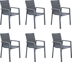 Set - Lot De 6 Chaises De Jardin ORION GAMMA II Avec Accoudoirs - 6 Fauteuils De Jardin - Empilables - Chaises De Terrasse - Chaises De Chaises De Salle à Manger - Aluminium - Textilène - Anthracite