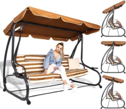 Banc De Balançoire Springos | Luna-Balançoire | 4 Places | Imperméable à L'eau | Comprend 2 Coussins | Auvent Réglable | 230 X 130 X 162 Cm | Marron/ Wit/ Grijs -Jardin Meubles Magasin 1200x1036
