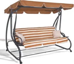 Banc De Balançoire Springos | Luna-Balançoire | 4 Places | Imperméable à L'eau | Comprend 2 Coussins | Auvent Réglable | 230 X 130 X 162 Cm | Marron/ Wit/ Grijs -Jardin Meubles Magasin 1200x1037 2