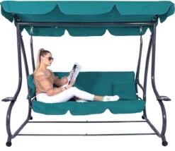Banc De Balançoire Springos | Venise-Swing | 3 Places | Imperméable à L'eau | Comprend 2 Coussins | Auvent Réglable | 163 X 193 X 120 Cm | Turquoise -Jardin Meubles Magasin 1200x1041 2