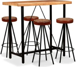 Prolenta Premium - Ensemble De Bar 5 Pièces En Bois D'acacia Massif, Cuir Véritable Et Toile
