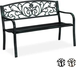 Relaxdays Banc De Jardin Antique - Banc De Parc - Banc De Balcon Deux Places - Fonte - Banc De Jardin Noir-vert