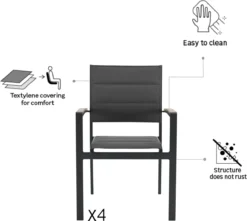 NATERIAL - Set De 4 Chaises De Jardin SAN DIEGO Avec Accoudoirs - 4 X Chaises De Jardin - Empilables - Aluminium - Textilène - Gris Foncé - Eucalyptus - Chaises De Terrasse - Chaises De Salle à Manger 8 NATERIAL - Set De 4 Chaises De Jardin SAN DIEGO Avec Accoudoirs - 4 X Chaises De Jardin - Empilables - Aluminium - Textilène - Gris Foncé - Eucalyptus - Chaises De Terrasse - Chaises De Salle à Manger -Jardin Meubles Magasin 1200x1073 7