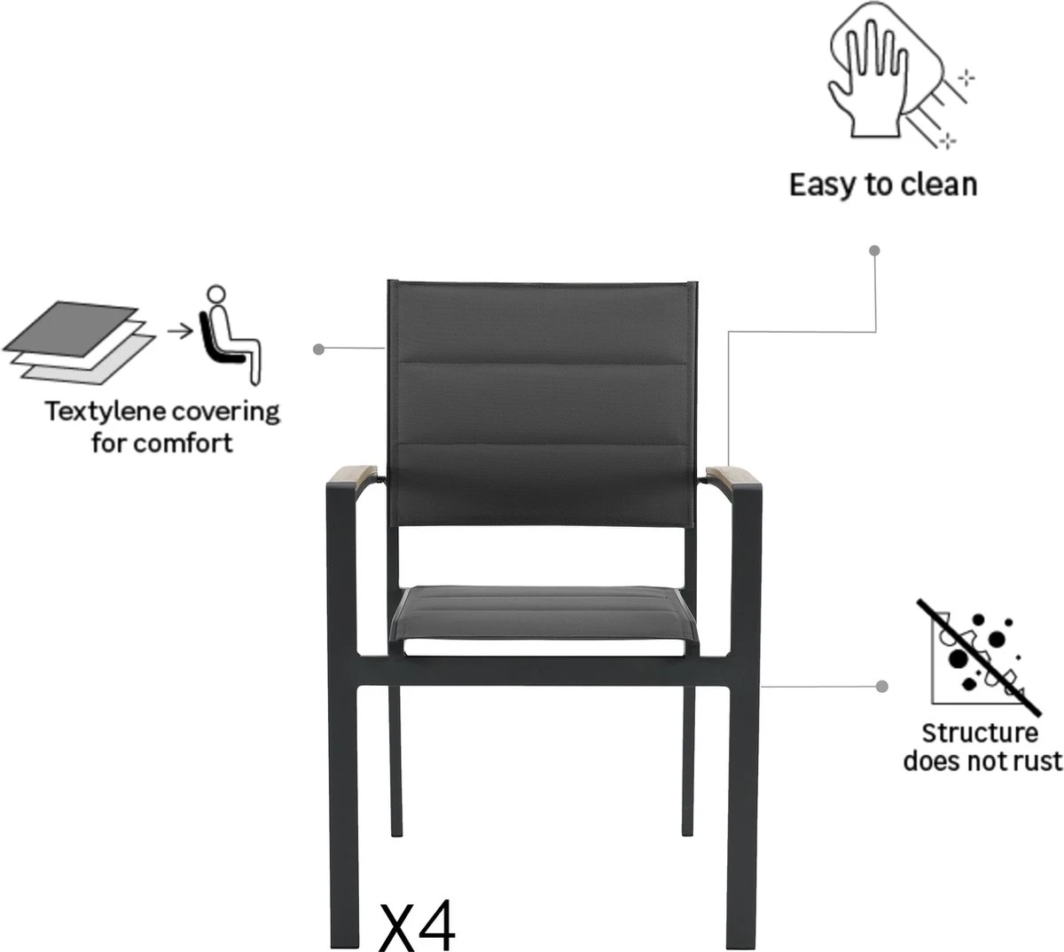NATERIAL - Set De 4 Chaises De Jardin SAN DIEGO Avec Accoudoirs - 4 X Chaises De Jardin - Empilables - Aluminium - Textilène - Gris Foncé - Eucalyptus - Chaises De Terrasse - Chaises De Salle à Manger 3 NATERIAL - Set De 4 Chaises De Jardin SAN DIEGO Avec Accoudoirs - 4 X Chaises De Jardin - Empilables - Aluminium - Textilène - Gris Foncé - Eucalyptus - Chaises De Terrasse - Chaises De Salle à Manger – Image 3
