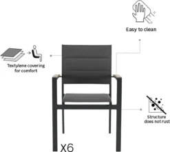 NATERIAL - Set De 6 Chaises De Jardin SAN DIEGO Avec Accoudoirs - 6 X Chaises De Jardin - Empilables - Aluminium - Textilène - Gris Foncé - Eucalyptus - Chaises De Terrasse - Chaises De Salle à Manger -Jardin Meubles Magasin 1200x1074 6