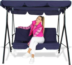 Banc De Balançoire Springos | Luna-Balançoire | 3 Places | Imperméable à L'eau | Comprend 2 Coussins | Auvent Réglable | 170 X 110 X 150 Cm | Bleu Marine -Jardin Meubles Magasin 1200x1075 2