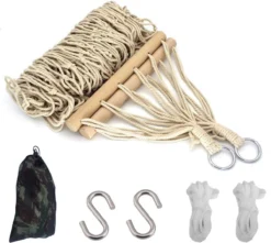 Hamac En Filet En Corde De Coton Pour Intérieur Et Plein Air , Balançoire Simple Avec Bâton En Bois Avec 2 Crochet En S Et 2 Cordes De Traction Pour Jardin, Terrasse, Plage, Wit -Jardin Meubles Magasin 1200x1075