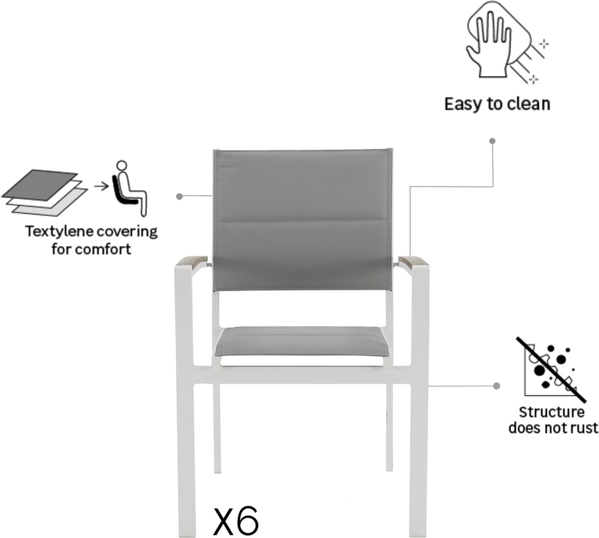 NATERIAL - Set De 6 Chaises De Jardin SAN DIEGO Avec Accoudoirs - 6 X Chaises De Jardin - Empilables - Aluminium - Textilène - Wit - Eucalyptus - Chaises De Terrasse - Chaises De Salle à Manger 3 NATERIAL - Set De 6 Chaises De Jardin SAN DIEGO Avec Accoudoirs - 6 X Chaises De Jardin - Empilables - Aluminium - Textilène - Wit - Eucalyptus - Chaises De Terrasse - Chaises De Salle à Manger – Image 3