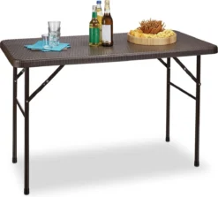 Relaxdays Table De Jardin Rotin BASTIAN Pliable, Table D'appoint, Table à Manger, Jardin, Véranda Marron, Rectangulaire
