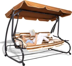 Banc De Balançoire Springos | Luna-Balançoire | 4 Places | Imperméable à L'eau | Comprend 2 Coussins | Auvent Réglable | 230 X 130 X 162 Cm | Marron/ Wit/ Grijs -Jardin Meubles Magasin 1200x1090 1