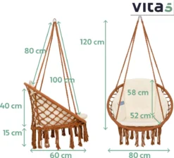 Chaise Suspendue Pour Intérieur Et Extérieur. Avec Oreiller, Porte-gobelet, Compartiment Livre Et Housse De Protection Chaise Suspendue Macramé Basket Pour Adultes Et Enfants. Peut Supporter Jusqu'à 125 Kg. VITA5 (panier Marron / Coussin Beige) -Jardin Meubles Magasin 1200x1090 9