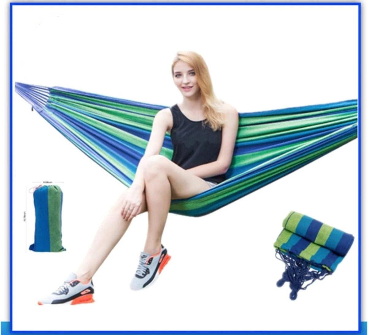 Hamac XL - 2 Personnes - Hamac Double En Toile Robuste - Blauw - Vert - Rayé - Dans Un Sac De Rangement + Cordes De Fixation - Résistant Aux Intempéries - Hamac - Plein Air - Camping - Été - 2 Hamac XL - 2 Personnes - Hamac Double En Toile Robuste - Blauw - Vert - Rayé - Dans Un Sac De Rangement + Cordes De Fixation - Résistant Aux Intempéries - Hamac - Plein Air - Camping - Été - – Image 2