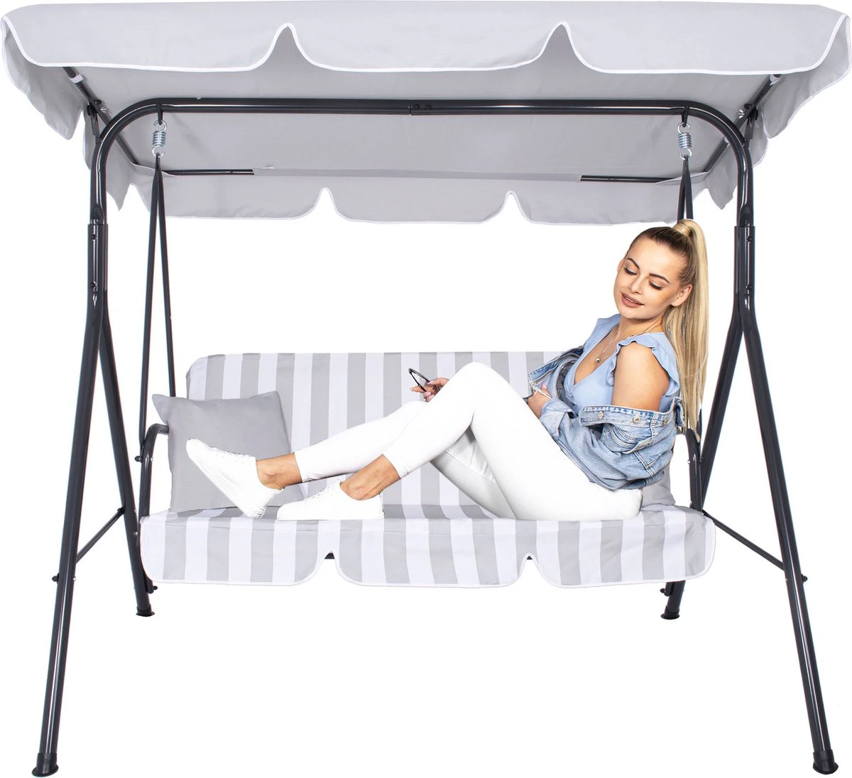 Banc De Balançoire Springos | Luna-Balançoire | 3 Places | Imperméable à L'eau | Comprend 2 Coussins | Auvent Réglable | 170 X 110 X 150 Cm | Rayé Gris Clair 12 Banc De Balançoire Springos | Luna-Balançoire | 3 Places | Imperméable à L'eau | Comprend 2 Coussins | Auvent Réglable | 170 X 110 X 150 Cm | Rayé Gris Clair – Image 12