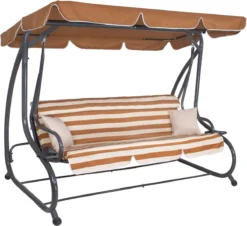 Banc De Balançoire Springos | Luna-Balançoire | 4 Places | Imperméable à L'eau | Comprend 2 Coussins | Auvent Réglable | 230 X 130 X 162 Cm | Marron/ Wit/ Grijs