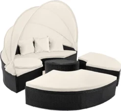 Deuba Polyrattan Solar Island Ø185cm Coussins Zwart Crème Pare-Soleil Pliable WPC