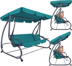 Banc De Balançoire Springos | Venise-Swing | 3 Places | Imperméable à L'eau | Comprend 2 Coussins | Auvent Réglable | 163 X 193 X 120 Cm | Turquoise -Jardin Meubles Magasin 1200x1099