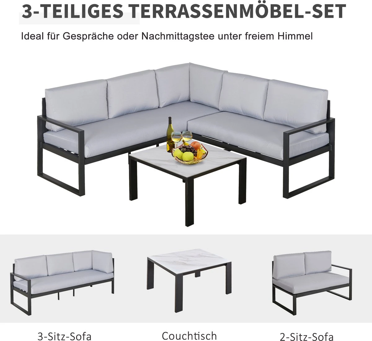 Outsunny De Jardin 3 Pièces Ensemble De Jardin En Aluminium Groupe De Sièges Avec Coussins De Table Basse Gris 84B-609 3 Outsunny De Jardin 3 Pièces Ensemble De Jardin En Aluminium Groupe De Sièges Avec Coussins De Table Basse Gris 84B-609 – Image 3