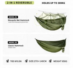 Hamac D'extérieur Avec Moustiquaire, Hamac De Camping Ultra Léger, Capacité De Charge De 300 Kg, Respirant, Séchage Rapide, Nylon Parachute, 275 X 140 Cm, Vert Olive -Jardin Meubles Magasin 1200x1108