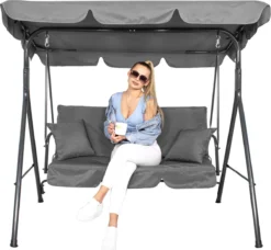 Banc De Balançoire Springos | Luna-Balançoire | 3 Places | Imperméable à L'eau | Comprend 2 Coussins | Auvent Réglable | 170 X 110 X 150 Cm | Gris