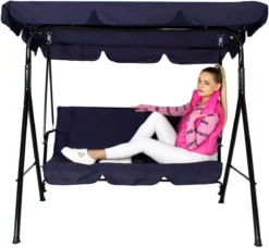 Banc De Balançoire Springos | Luna-Balançoire | 3 Places | Imperméable à L'eau | Comprend 2 Coussins | Auvent Réglable | 170 X 110 X 150 Cm | Bleu Marine -Jardin Meubles Magasin 1200x1110 2