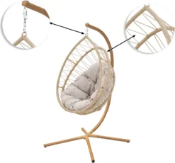 NATERIAL - Fauteuil Suspendu Avec Cadre OVO - Panier Suspendu Pour Intérieur Et Extérieur - 160 Kg MAX - Cadre En Acier - Beige - Anthracite - 125 X 100 X 190 Cm - Panier Siège - Panier Suspendu - Fauteuil Suspendu - Oeuf Suspendu -Jardin Meubles Magasin 1200x1118