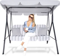 Banc De Balançoire Springos | Luna-Balançoire | 3 Places | Imperméable à L'eau | Comprend 2 Coussins | Auvent Réglable | 170 X 110 X 150 Cm | Rayé Gris Clair