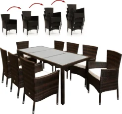 Deuba Ensemble De Jardin En Polyrotin 8x Chaise De Jardin Coussins Empilables Table De Jardin 190x90cm Marron