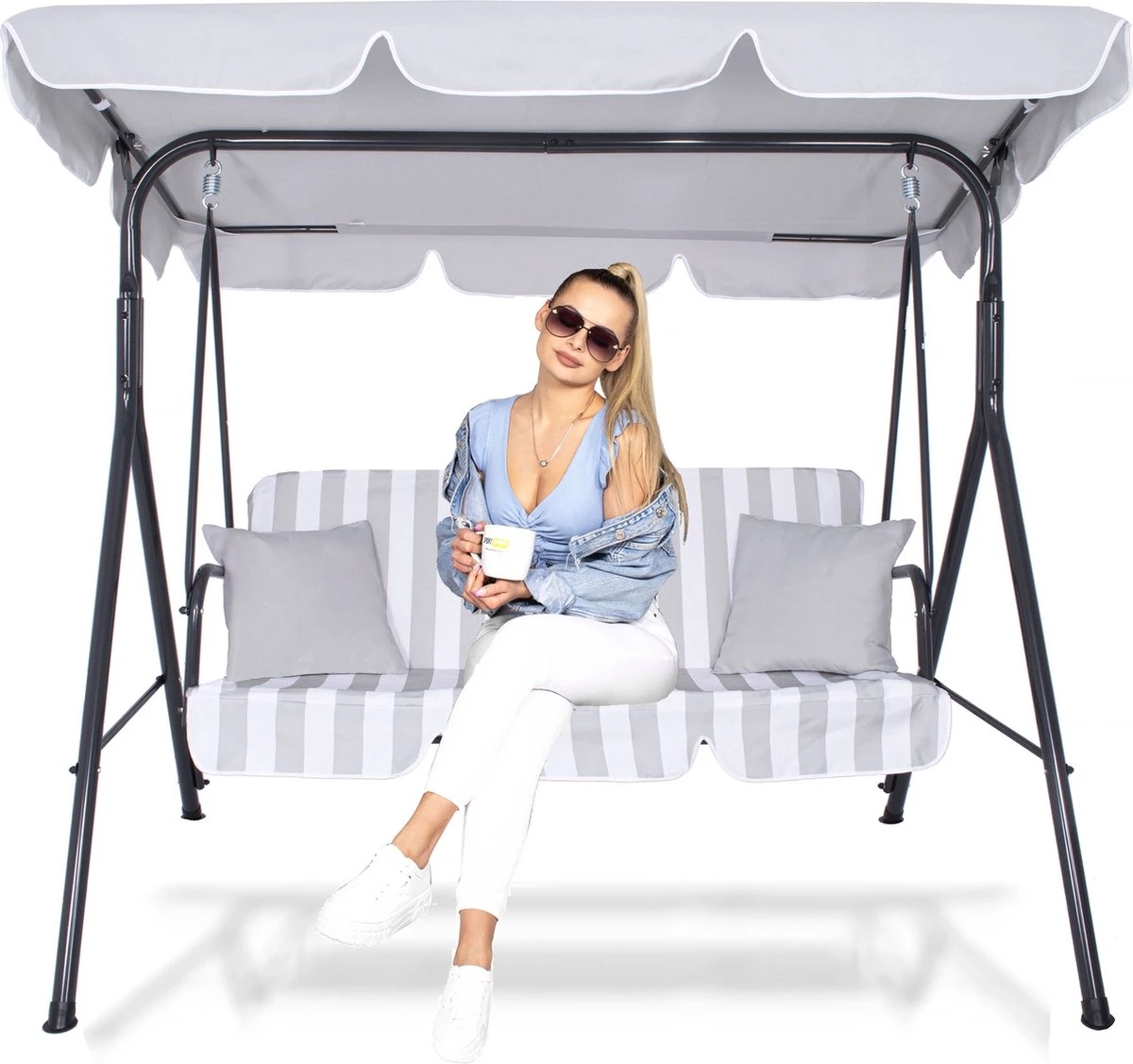 Banc De Balançoire Springos | Luna-Balançoire | 3 Places | Imperméable à L'eau | Comprend 2 Coussins | Auvent Réglable | 170 X 110 X 150 Cm | Rayé Gris Clair 1 Banc De Balançoire Springos | Luna-Balançoire | 3 Places | Imperméable à L'eau | Comprend 2 Coussins | Auvent Réglable | 170 X 110 X 150 Cm | Rayé Gris Clair