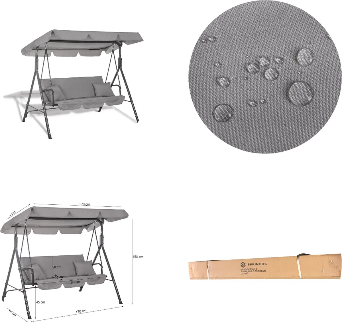 Banc De Balançoire Springos | Luna-Balançoire | 3 Places | Imperméable à L'eau | Comprend 2 Coussins | Auvent Réglable | 170 X 110 X 150 Cm | Gris 4 Banc De Balançoire Springos | Luna-Balançoire | 3 Places | Imperméable à L'eau | Comprend 2 Coussins | Auvent Réglable | 170 X 110 X 150 Cm | Gris – Image 4