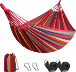 Hamac D'extérieur En Coton Pour Plusieurs Personnes 210 X 150 Cm, Chargeable Jusqu'à 200 Kg, Portable Avec Sac De Transport, Pour Terrasse, Cour Et Jardin, 200 X 150