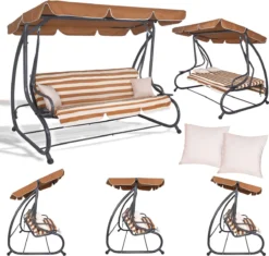 Banc De Balançoire Springos | Luna-Balançoire | 4 Places | Imperméable à L'eau | Comprend 2 Coussins | Auvent Réglable | 230 X 130 X 162 Cm | Marron/ Wit/ Grijs -Jardin Meubles Magasin 1200x1142 2
