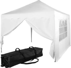 Tente De Réception Easy Up - Tente De Fête - Pavillon - Tente De Fête Pliable - Tente De Fête 3x3 - Tente De Fête Avec Parois Latérales - Chariot Inclus - Étanche - Protection UV 50+ - Avec Fenêtres - 16 Kg - Acier - Wit - 300 X 300 Cm
