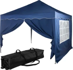 Tente De Réception Easy Up - Tente De Fête - Pavillon - Tente De Fête Pliable - Tente De Fête 3x3 - Tente De Fête Avec Parois Latérales - Chariot Inclus - Étanche - Protection UV 50+ - 16 Kg - Acier - Blauw - 300 X 300 Cm