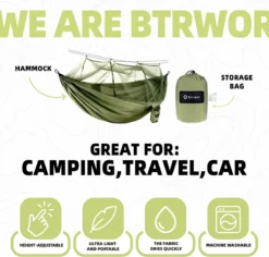 Hamac D'extérieur Avec Moustiquaire, Hamac De Camping Ultra Léger, Capacité De Charge De 300 Kg, Respirant, Séchage Rapide, Nylon Parachute, 275 X 140 Cm, Vert Olive -Jardin Meubles Magasin 1200x1146