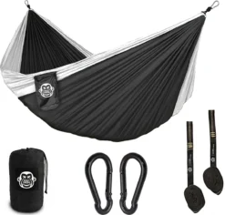 Hamac De Voyage Monkey Swing Ultra Light (275 X 140 Cm, Capacité De Charge De 220 Kg) En Kit Avec 2 X Ceinture Robuste Et 2 X Mousquetons I Plein Air, Travel, Trekking & Camping Hamac, Travel Hamac, Jardin, Beach (noir/blanc)