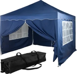 Tente De Réception Easy Up - Tente De Fête - Pavillon - Tente De Fête Pliable - Tente De Fête 3x3 - Tente De Fête Avec Parois Latérales - Chariot Inclus - Étanche - Protection UV 50+ - Avec Fenêtres - 17,5 Kg - Acier - Blauw - 300 X 300 Cm