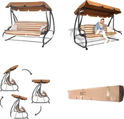 Banc De Balançoire Springos | Luna-Balançoire | 4 Places | Imperméable à L'eau | Comprend 2 Coussins | Auvent Réglable | 230 X 130 X 162 Cm | Marron/ Wit/ Grijs -Jardin Meubles Magasin 1200x1152 2