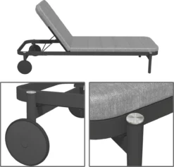 NATERIAL - Transat ARENA - Transat à Dossier Réglable - 198X82X90 Cm - 5 Positions - Avec Kussen - Avec Roulettes - Aluminium - Polypropylène - Zwart - Grijs -Jardin Meubles Magasin 1200x1152 6