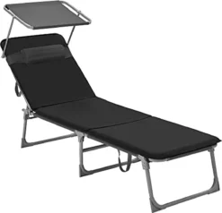 Chaise Longue Signature Home Honolulu - Chaise Longue - Chaise Longue Avec Kussen De 3 Cm D'épaisseur - Appui-tête - Toit Ouvrant - Dossier Réglable - Pliable - Chargeable Jusqu'à 150 Kg - Jardin - Balcon - Noir - 53 X 193 X 29,5 Cm