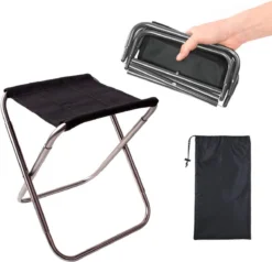 Tabouret Pliable D'extérieur, Tabouret Pliable En Alliage D'aluminium, Mini Tabouret Pliable Portable, Ultra Léger, Avec Sac De Rangement, Pour La Pêche, Le Camping, Le Barbecue, Les Voyages (Zwart Et Argent)