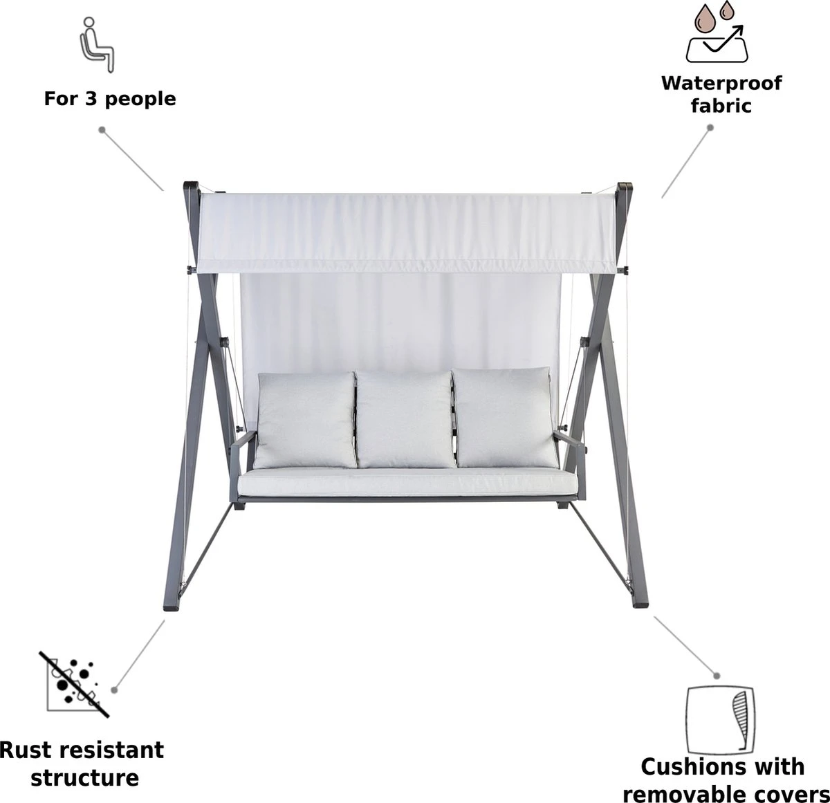 NATERIAL - Balançoire De Jardin ODYSSEA - Balançoire 3 Places - Store Coulissant - Avec Coussins - Acier - Grijs Et Gris Clair - Banc Balançoire - Balançoire Hollywood 4 NATERIAL - Balançoire De Jardin ODYSSEA - Balançoire 3 Places - Store Coulissant - Avec Coussins - Acier - Grijs Et Gris Clair - Banc Balançoire - Balançoire Hollywood – Image 4